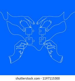 continuous line drawing of hands solving jigsaw puzzle vector illustration concept
