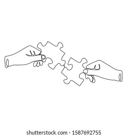continuous line drawing of hands solving puzzle vector illustration