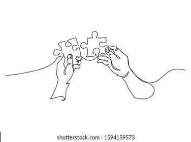 continuous line drawing of hands solving jigsaw puzzle