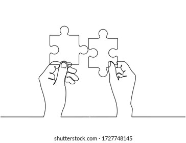 Continuous line drawing of hands solving Two Puzzle Pieces. Concept of business teamwork and integration with puzzle. Teamwork and partnership concept of two businessman isolated on white background.