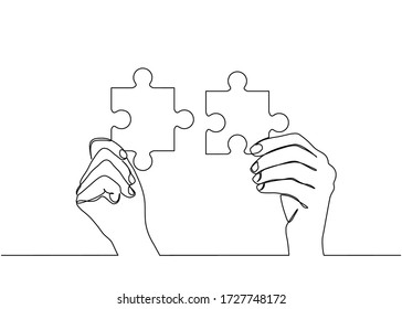 Continuous line drawing of hands solving Two Puzzle Pieces. Concept of business teamwork and integration with puzzle. Teamwork and partnership concept of two businessman isolated on white background.