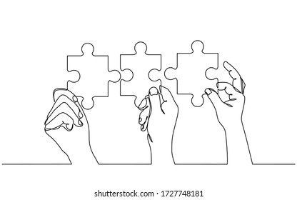 Continuous line drawing of hands solving Two Puzzle Pieces. Concept of business teamwork and integration with puzzle. Teamwork and partnership concept of two businessman isolated on white background.