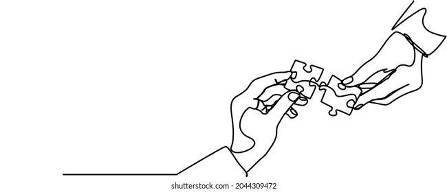 continuous line drawing of hands solving jigsaw puzzle