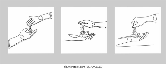 
Continuous line drawing of hands solving Two Puzzle Pieces isolated on white background.