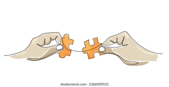 Continuous line drawing of hands solving puzzle pieces, jigsaw. Hands connecting puzzle pieces. One line colored drawing for business matching, teamwork, business metaphor of solving problem. Editable