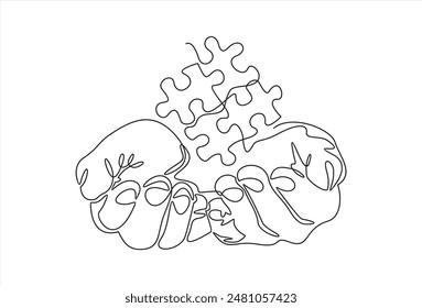 Continuous line drawing of hands solving puzzle pieces, jigsaw. Hands connecting puzzle pieces. One line drawing for Business matching, teamwork, business metaphor of solving problem, Editable stroke