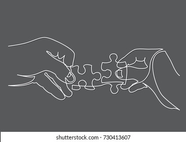 continuous line drawing of hands solving jigsaw puzzle