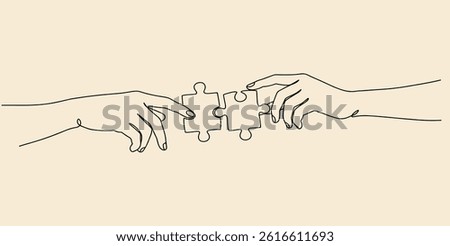 Continuous line drawing of hands solving puzzle pieces, jigsaw. 