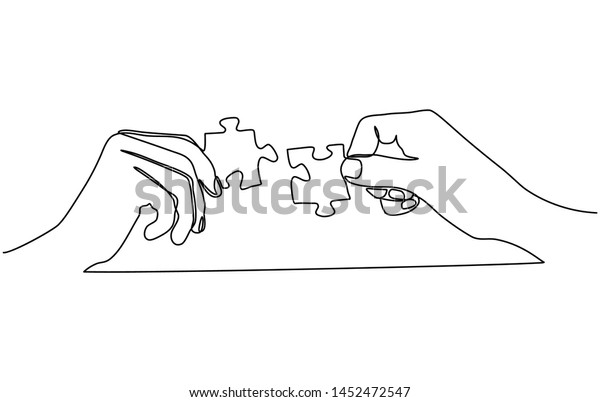 Continuous Line Drawing Of Hands Solving Two Puzzle Pieces Isolated On