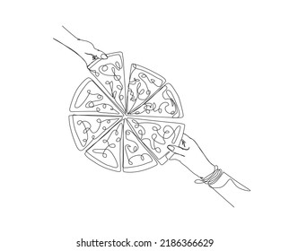 Continuous line drawing of Hands Taking the Slice of Pizza.  Hands Holding Pizza Single Line Art.