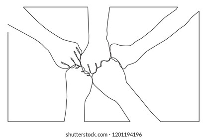 continuous line drawing of hands of team bumping fists together