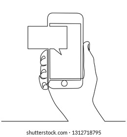 Continuous line drawing of hands that hold a modern mobile phone and receive messages that are isolated against a white background. Vector