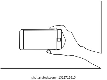 Continuous line drawing of hands that hold a modern mobile phone and receive messages that are isolated against a white background. Vector