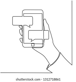 Continuous line drawing of hands that hold a modern mobile phone and receive messages that are isolated against a white background. Vector