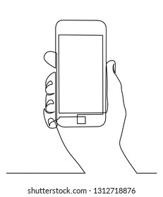 Continuous line drawing of hands that hold a modern mobile phone and receive messages that are isolated against a white background. Vector