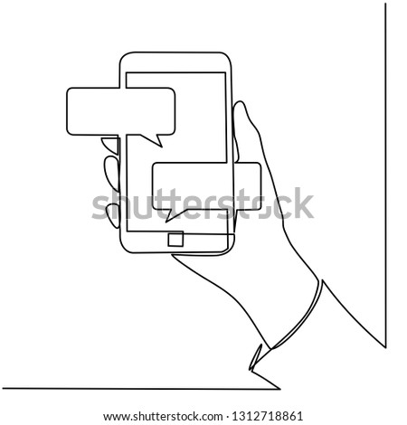 Continuous line drawing of hands that hold a modern mobile phone and receive messages that are isolated against a white background. Vector