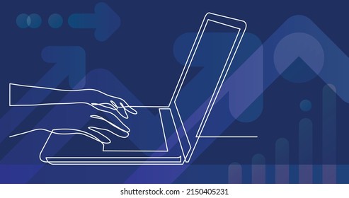 continuous line drawing of hands typing on laptop computer