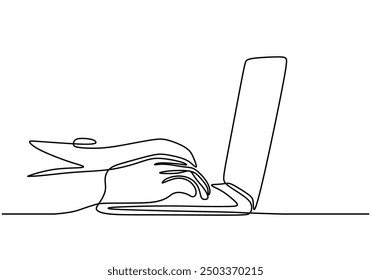 Continuous line drawing of hands typing on a keyboard, representing online work or study. One line vector art.