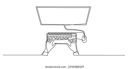 continuous line drawing of hands typing on a computer keyboard and facing the monitor.one line drawing of working with a computer.employee working in the office.simple single line vector