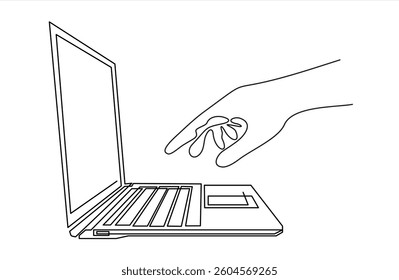 Continuous line drawing of hands typing on laptop computer. Editable stroke. Doodle Vector illustration
