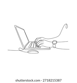 A continuous line drawing of hands typing on a laptop with a smartwatch