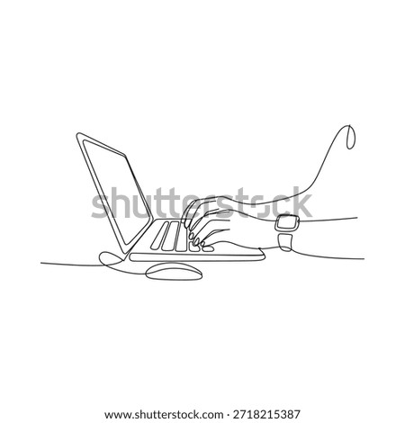A continuous line drawing of hands typing on a laptop with a smartwatch