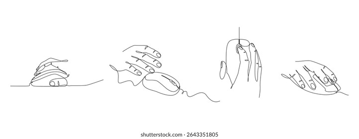 Continuous line drawing of hands using computer mouse concept with minimalist style