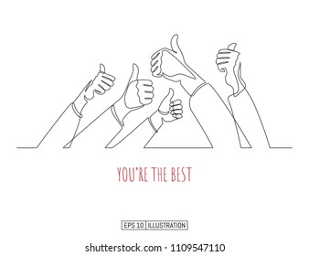 Continuous line drawing of hands whith thumb up gestures. Template for your design works. Vector illustration.