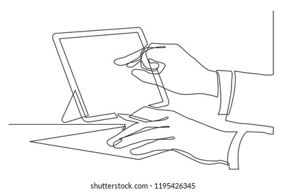 continuous line drawing of hands writing pointing at tablet screen