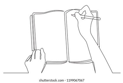 continuous line drawing of hands writing in workbook