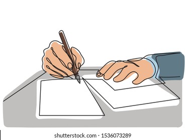 continuous line drawing of hands writing letter