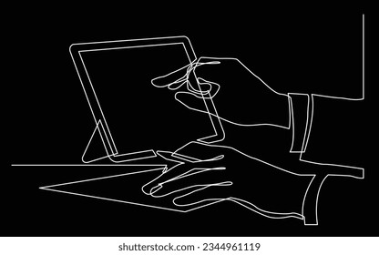 continuous line drawing of hands writing pointing at tablet screen