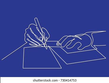 continuous line drawing of hands writing letter