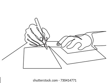 continuous line drawing of hands writing letter