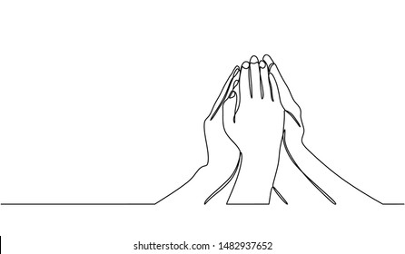 Continuous line drawing of handshake celebrating victory, achievement or good work result. handshake up to celebrate a joint victory isolated on white background.