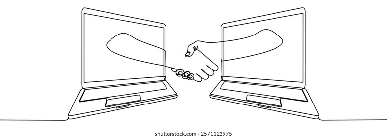Continuous line drawing of handshake in laptop. Online business deal concept. Partnership symbol. Vector illustration isolated on white.