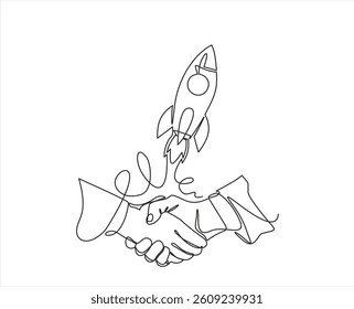 Continuous line drawing of handshake and rocket. Handshaking of business partners drawn by one single line.Startup concept. Editable stroke. Doodle vector illustration