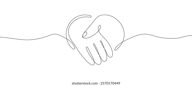 Continuous line drawing of a handshake in the shape of a heart, symbolizing love, support, and kindness.