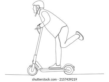 
Dibujo continuo de líneas. hombre apuesto en una ilustración vectorial de scooter