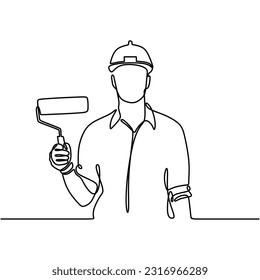 Continuous line drawing of handsome young male builder in hard hat