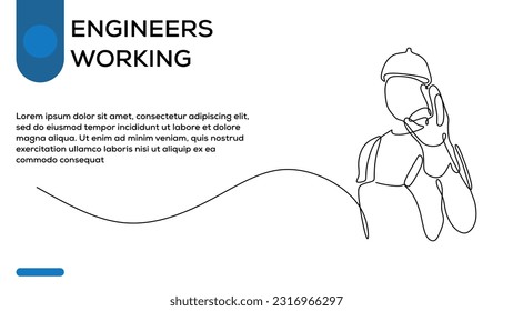 Continuous line drawing of handsome young male builder in hard hat