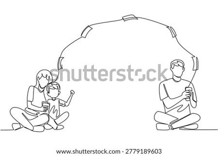 Continuous line drawing of handsome young man husband sending cash to beauty wife and young boy. Mobile remittance concept for International Day of Family Remittances digital marketing poster.