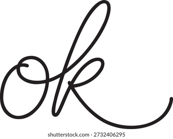 Dibujo de línea continua de la palabra escrita a mano ok en un guion estilizado. Arte minimalista de una sola línea que representa la Aprobación del Acuerdo y un mensaje positivo. Letras de caligrafía de contorno simple que transmiten aceptación. Ilustración vectorial de la abreviatura común que expresa la afirmación aislada sobre un fondo transparente en un estilo elegante fluido.