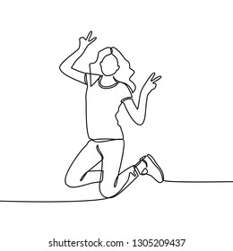 continuous line drawing of happiness, freedom, motion and people concept - smiling young woman jumping in air over white background - vector - Vector