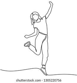 continuous line drawing of happiness, freedom, motion and people concept - smiling young woman jumping in air over white background - vector - Vector