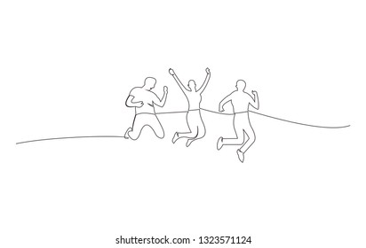 Continuous line drawing of happiness, freedom, motion, diversity and people concept - international group of happy smiling men and women jumping over white background