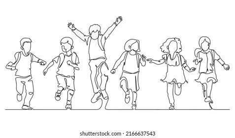 continuous line drawing happiness little students group enjoy school finish : back to school concept vector illustration