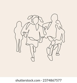 dibujo de línea continua de felicidad pequeño grupo de estudiantes disfrutan de acabado escolar : retroceder a la ilustración vectorial de concepto escolar