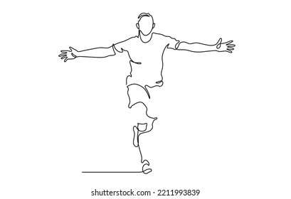 continuous line drawing of happiness man running with cheerful vector illustration. soccer player, runner.