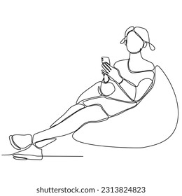 Continuous line drawing. Happy beautiful young woman holding mobile phone vector illustration